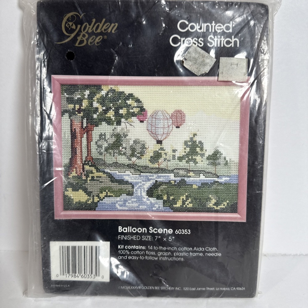NEW‎ Vintage Golden Bee Counted Cross Stitch Kit Balloon Scene with 7"x5" Fram